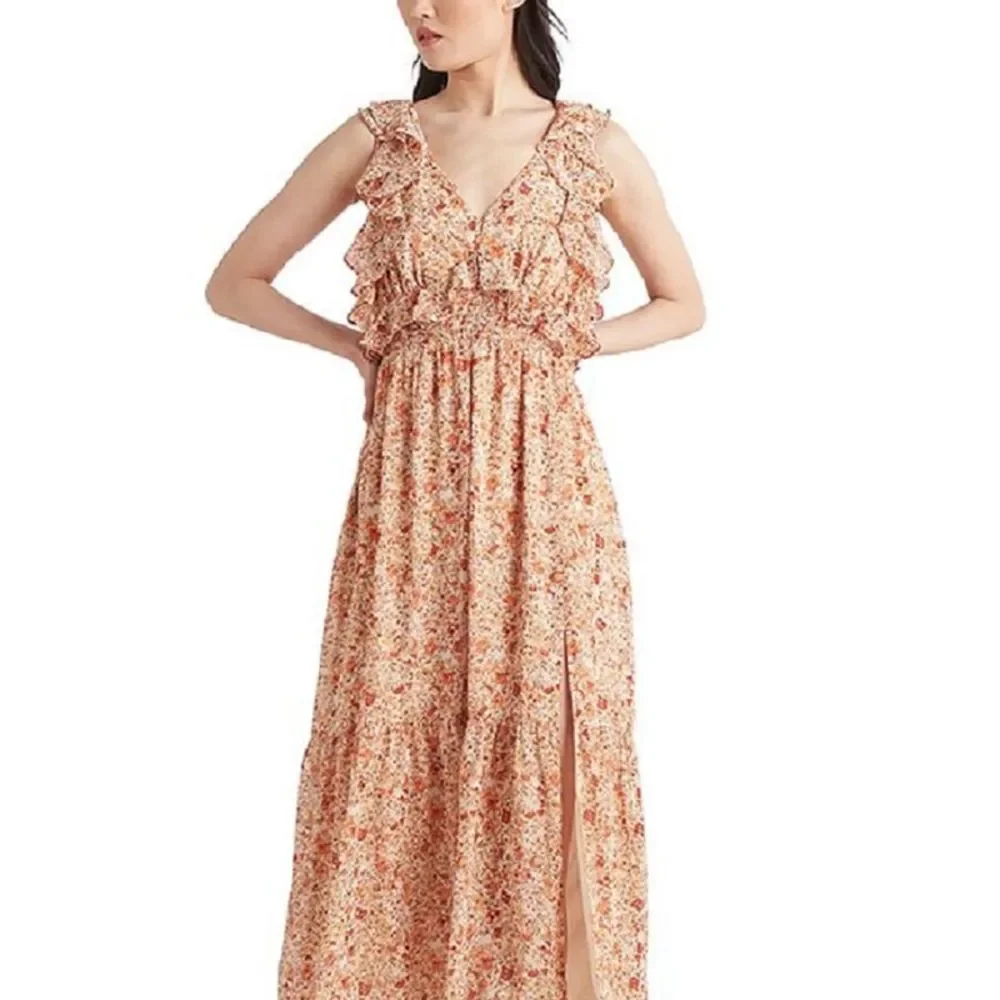 BLACK TAPE Dainty Floral V neck Sleeveless pink orange Fit and Flare midi dress - Picture 5 of 11